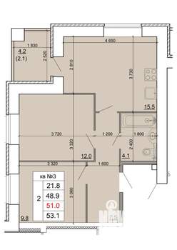 2-к квартира, строящийся дом, 51м2, 1/9 этаж