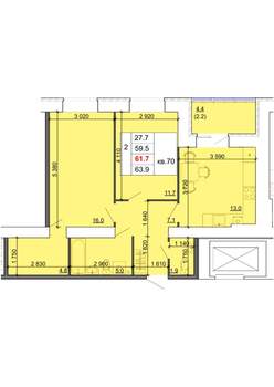 2-к квартира, строящийся дом, 62м2, 5/9 этаж