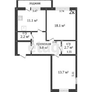 2-к квартира, вторичка, 57м2, 1/10 этаж