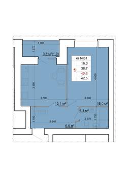 1-к квартира, строящийся дом, 41м2, 1/9 этаж