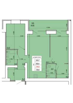 2-к квартира, строящийся дом, 74м2, 9/9 этаж