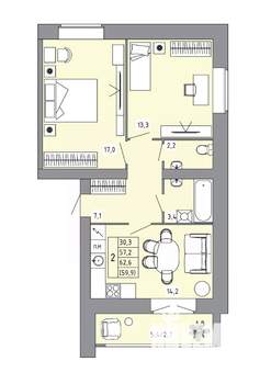 2-к квартира, строящийся дом, 59м2, 1/5 этаж