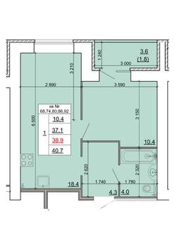 1-к квартира, строящийся дом, 39м2, 3/9 этаж