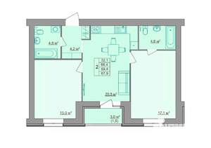 3-к квартира, строящийся дом, 68м2, 7/9 этаж