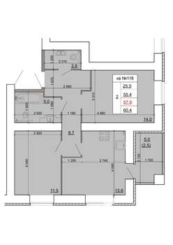 2-к квартира, строящийся дом, 58м2, 1/9 этаж