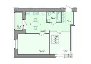 2-к квартира, строящийся дом, 56м2, 9/9 этаж