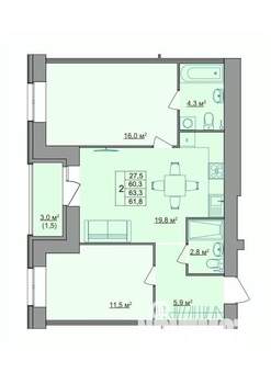 2-к квартира, строящийся дом, 62м2, 6/9 этаж