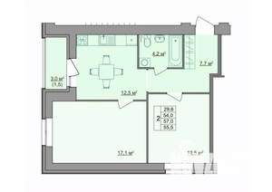 2-к квартира, строящийся дом, 56м2, 7/9 этаж