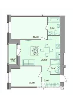 2-к квартира, строящийся дом, 63м2, 9/9 этаж
