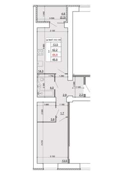 1-к квартира, строящийся дом, 44м2, 9/9 этаж