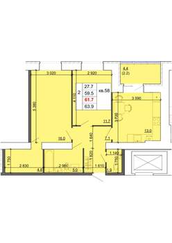 2-к квартира, строящийся дом, 62м2, 3/9 этаж