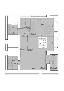 2-к квартира, строящийся дом, 62м2, 9/9 этаж