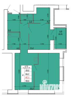 2-к квартира, строящийся дом, 67м2, 4/9 этаж
