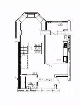 1-к квартира, вторичка, 60м2, 3/3 этаж