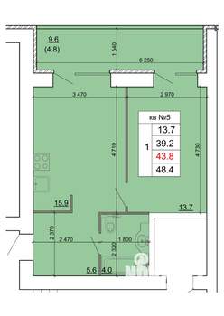 1-к квартира, строящийся дом, 44м2, 1/9 этаж