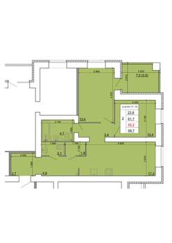 2-к квартира, строящийся дом, 65м2, 7/9 этаж