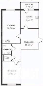 2-к квартира, вторичка, 53м2, 1/5 этаж