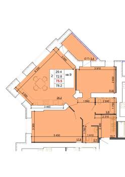2-к квартира, строящийся дом, 76м2, 3/9 этаж