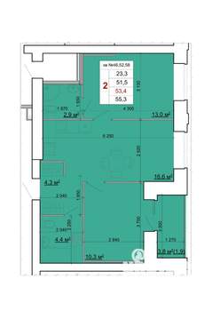 2-к квартира, строящийся дом, 53м2, 9/9 этаж