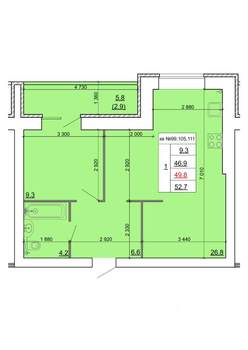 1-к квартира, строящийся дом, 50м2, 7/9 этаж