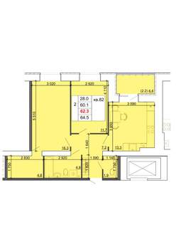 2-к квартира, строящийся дом, 62м2, 7/9 этаж