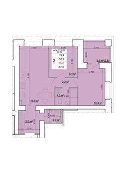 2-к квартира, строящийся дом, 55м2, 2/9 этаж
