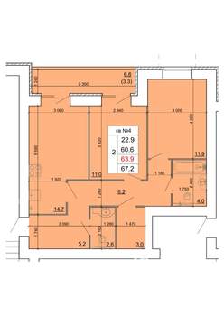 2-к квартира, строящийся дом, 64м2, 1/9 этаж
