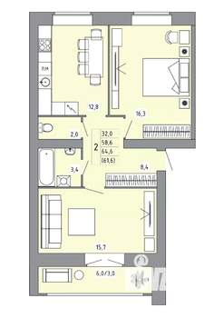 2-к квартира, строящийся дом, 61м2, 5/5 этаж
